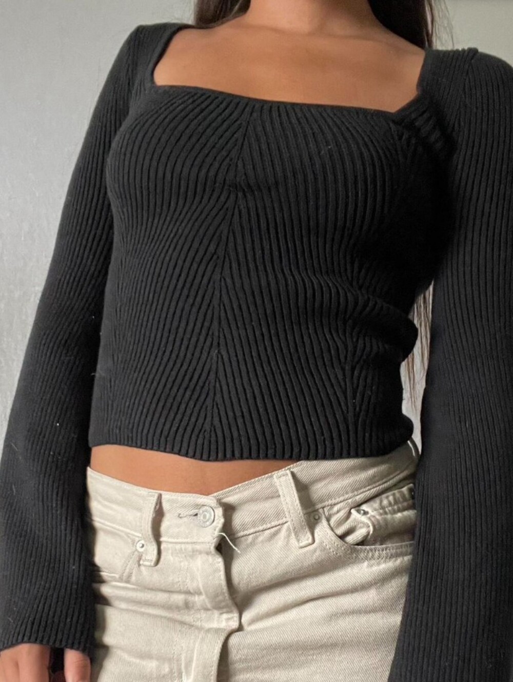 Hollister Top NWT Size S Black Ribbed Long Flared Sleeves Square Neck Stretch